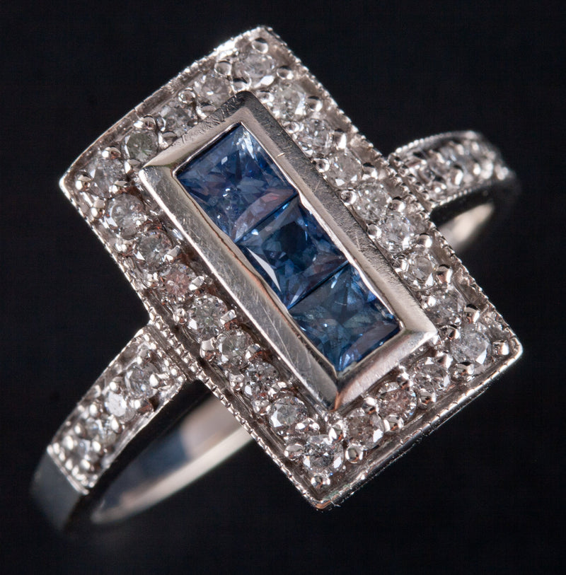 14k White Gold Princess Sapphire & Round Diamond Cocktail Ring .95ctw 4.18g