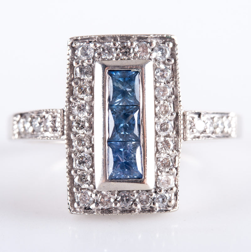 14k White Gold Princess Sapphire & Round Diamond Cocktail Ring .95ctw 4.18g