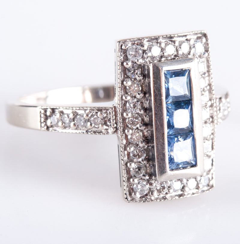 14k White Gold Princess Sapphire & Round Diamond Cocktail Ring .95ctw 4.18g