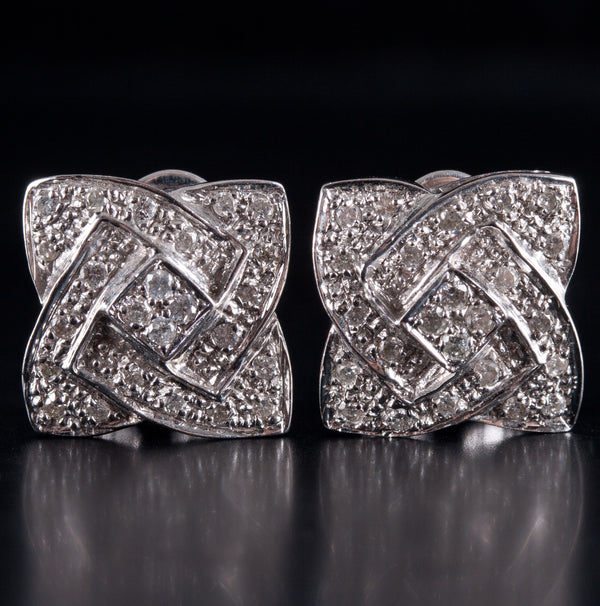 14k White Gold Round H SI3 Diamond Square Omega Cluster Earrings .14ctw 4.7g