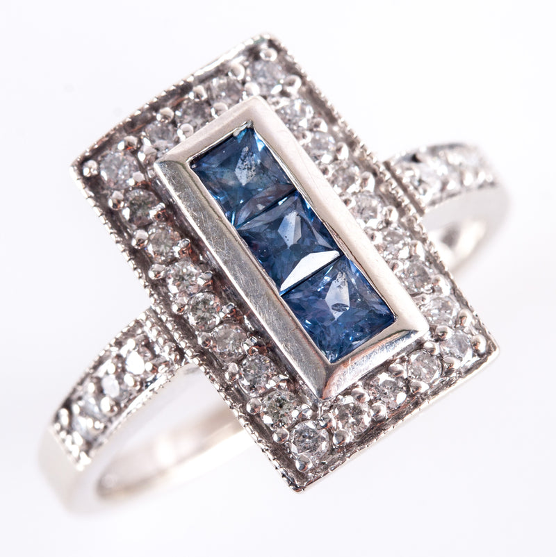 14k White Gold Princess Sapphire & Round Diamond Cocktail Ring .95ctw 4.18g
