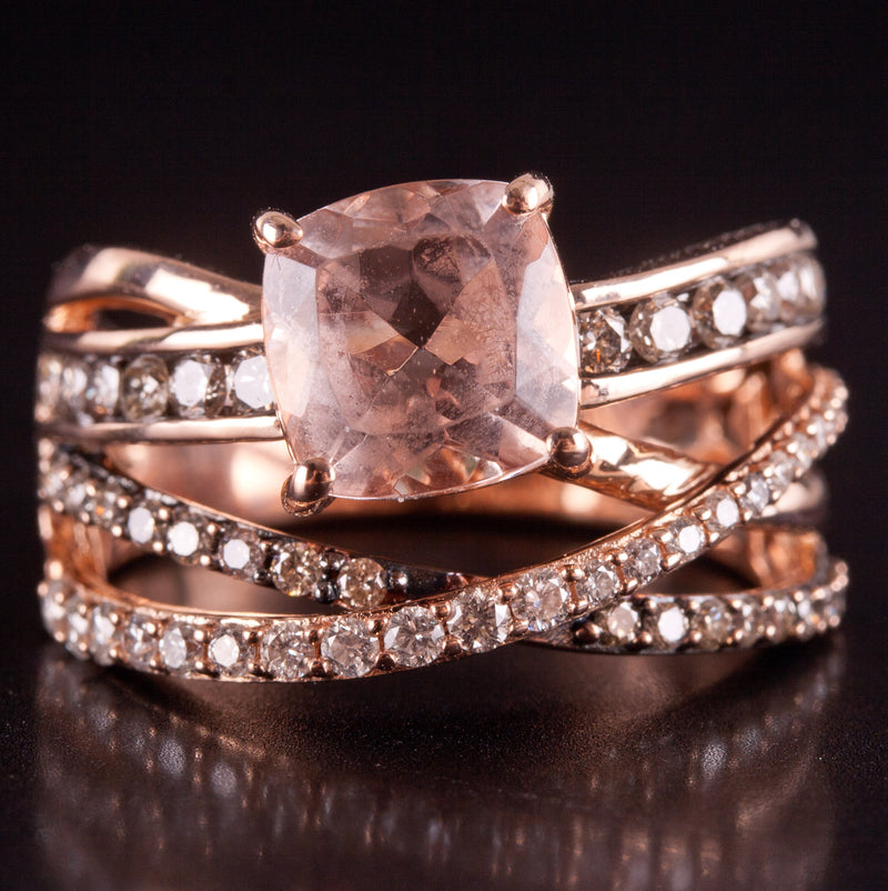 14k Rose Gold Le Vian Cushion AA Morganite Brown Diamond Ring 2.235ctw 7.07g