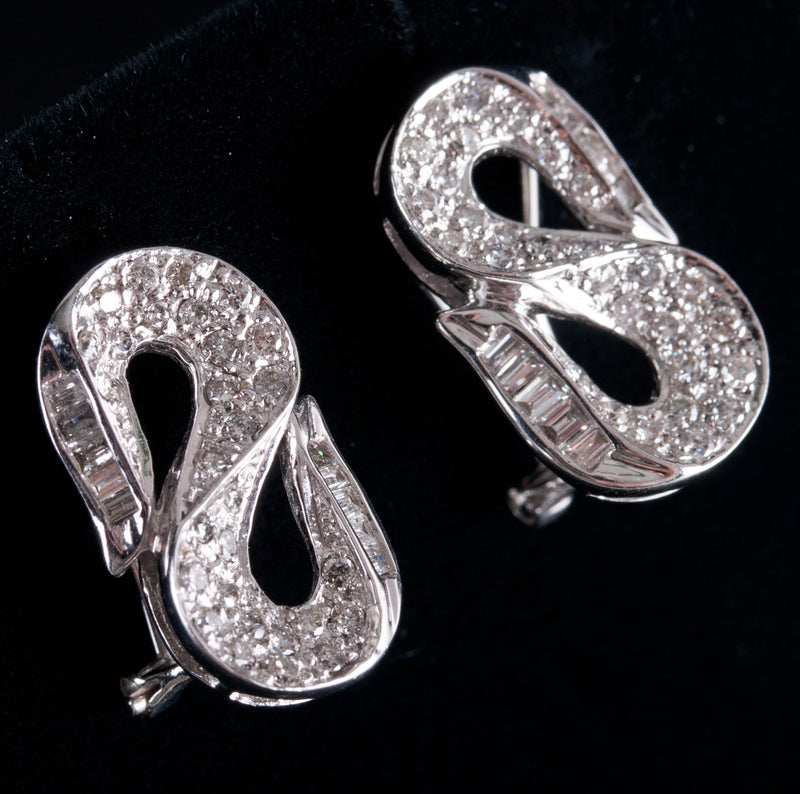 14k White Gold Round Baguette H SI2 Diamond S Style Omega Huggie Earrings .84ctw