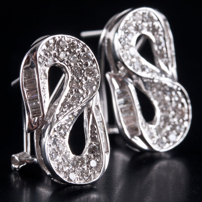 14k White Gold Round Baguette H SI2 Diamond S Style Omega Huggie Earrings .84ctw