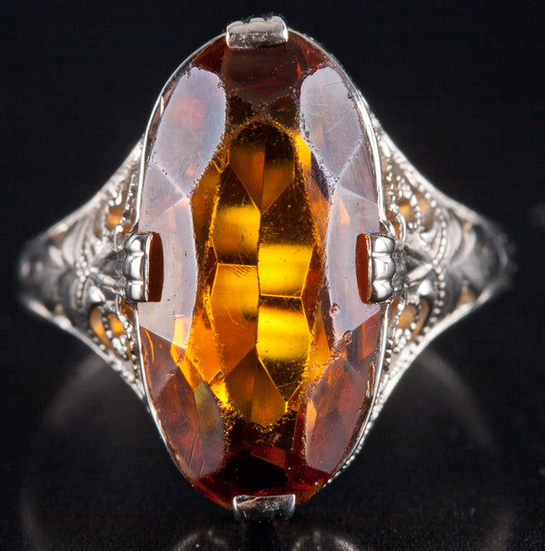 Vintage 1920's 14k White Gold Oval Citrine Filigree Style Solitaire Ring 2.88ct