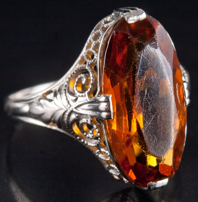 Vintage 1920's 14k White Gold Oval Citrine Filigree Style Solitaire Ring 2.88ct