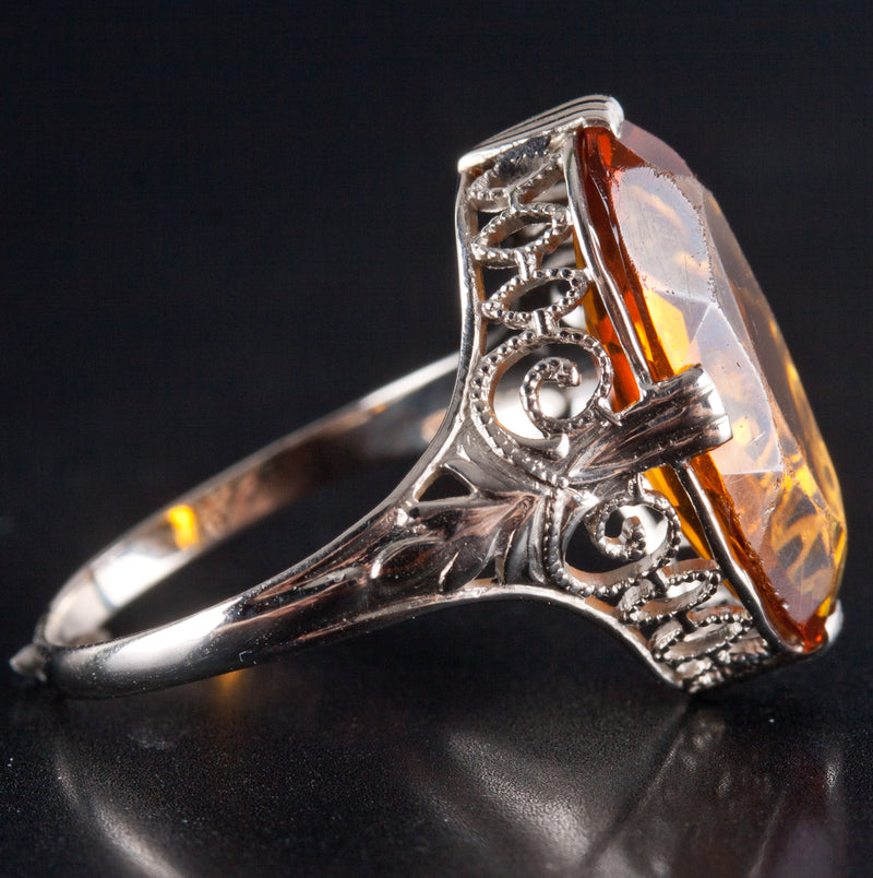 Vintage 1920's 14k White Gold Oval Citrine Filigree Style Solitaire Ring 2.88ct