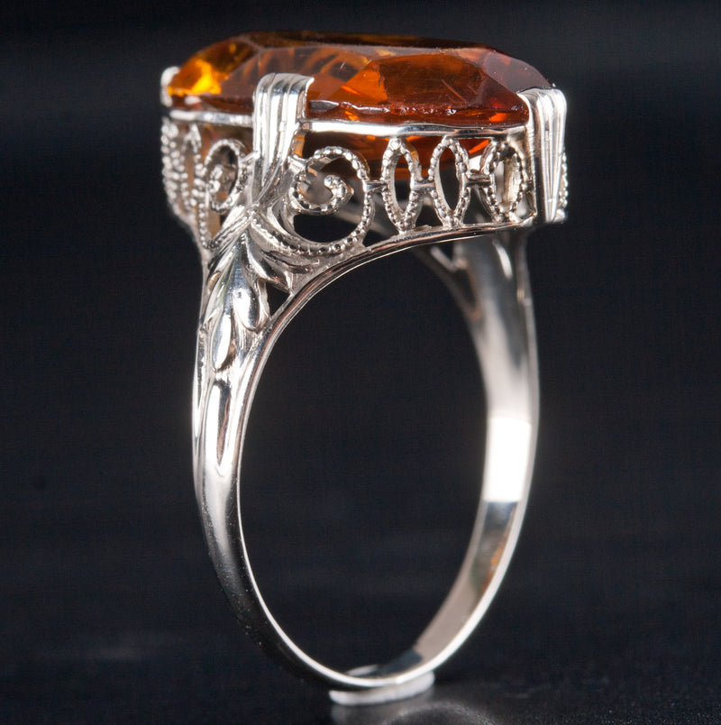 Vintage 1920's 14k White Gold Oval Citrine Filigree Style Solitaire Ring 2.88ct