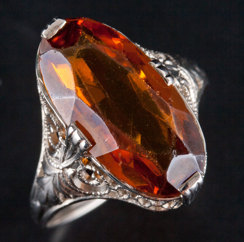 Vintage 1920's 14k White Gold Oval Citrine Filigree Style Solitaire Ring 2.88ct