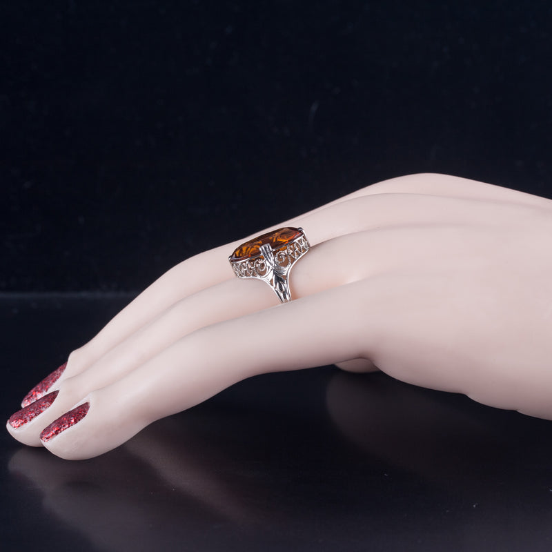 Vintage 1920's 14k White Gold Oval Citrine Filigree Style Solitaire Ring 2.88ct