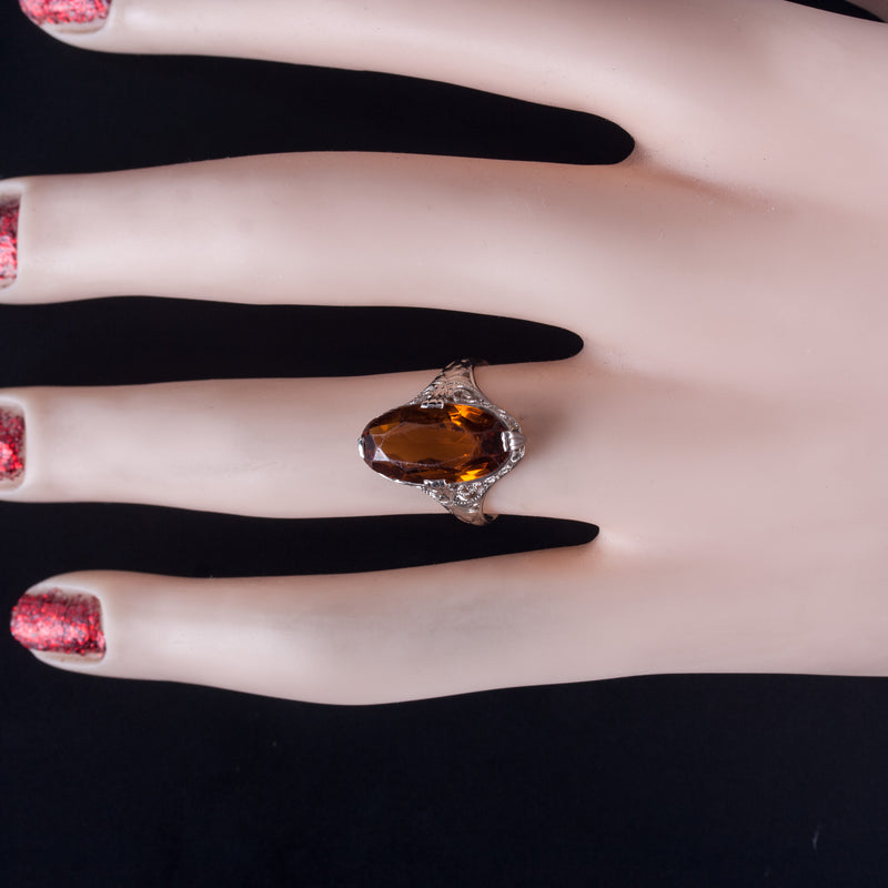 Vintage 1920's 14k White Gold Oval Citrine Filigree Style Solitaire Ring 2.88ct