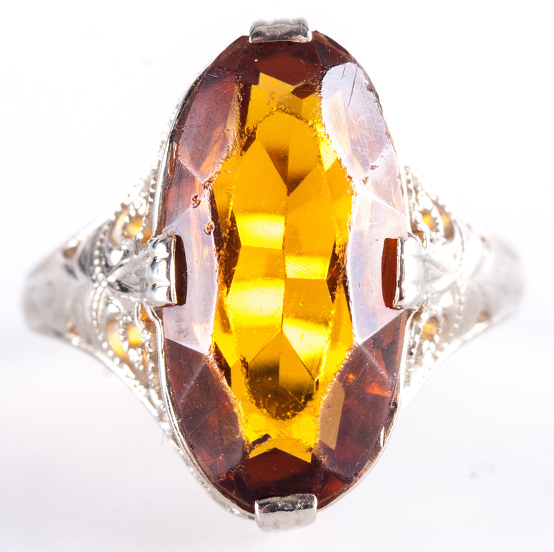 Vintage 1920's 14k White Gold Oval Citrine Filigree Style Solitaire Ring 2.88ct
