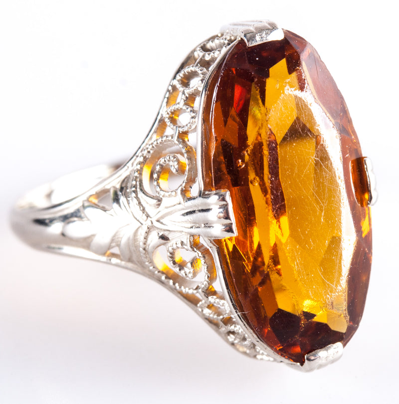 Vintage 1920's 14k White Gold Oval Citrine Filigree Style Solitaire Ring 2.88ct