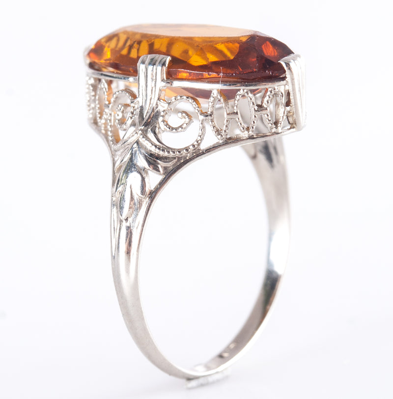 Vintage 1920's 14k White Gold Oval Citrine Filigree Style Solitaire Ring 2.88ct