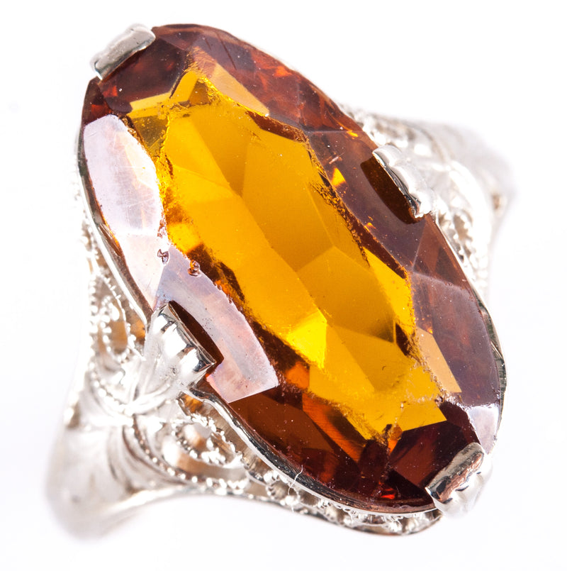 Vintage 1920's 14k White Gold Oval Citrine Filigree Style Solitaire Ring 2.88ct