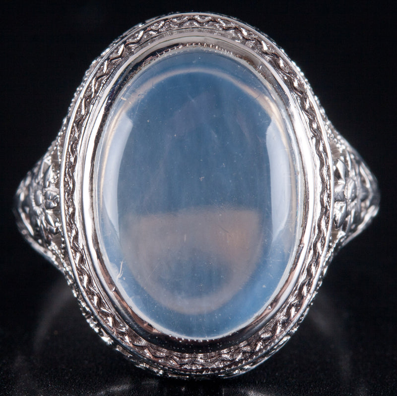 Vintage 1930's 14k White Gold Oval Cabochon Moonstone Solitaire Ring 2.48g