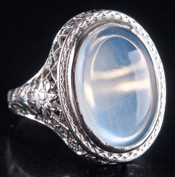Vintage 1930's 14k White Gold Oval Cabochon Moonstone Solitaire Ring 2.48g