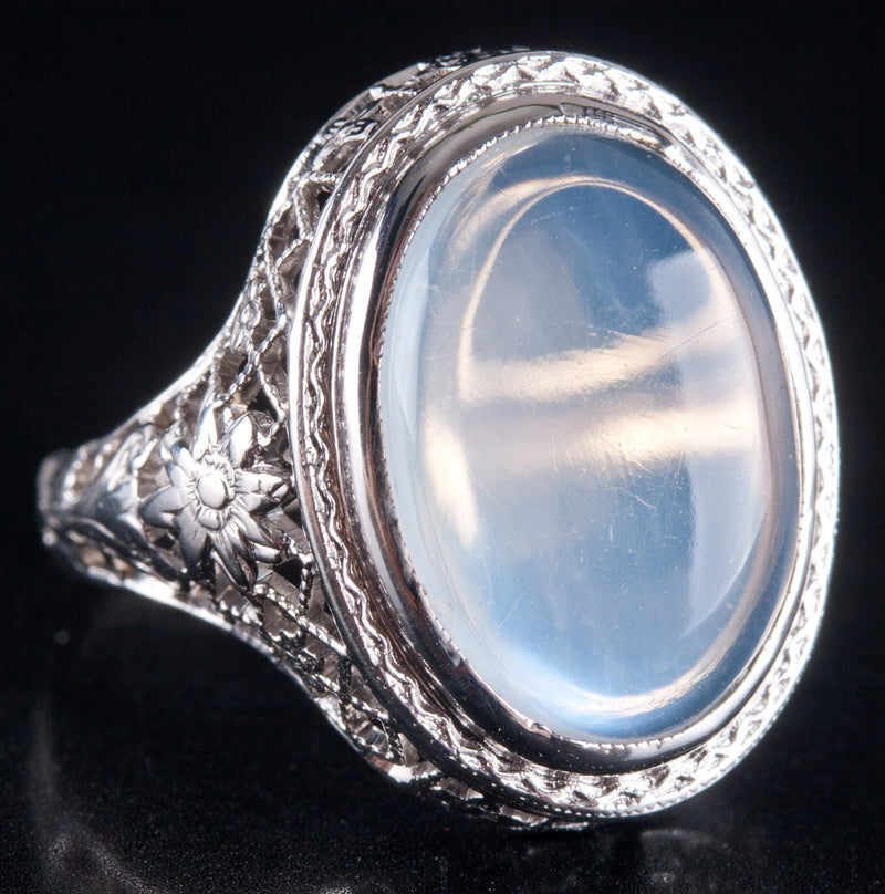 Vintage 1930's 14k White Gold Oval Cabochon Moonstone Solitaire Ring 2.48g