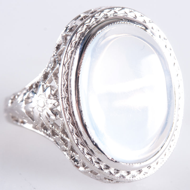 Vintage 1930's 14k White Gold Oval Cabochon Moonstone Solitaire Ring 2.48g