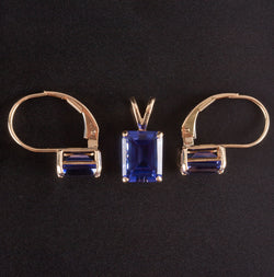 14k Yellow Gold Emerald Shaped Tanzanite Earring Pendant Set 3.75ctw 2.57g