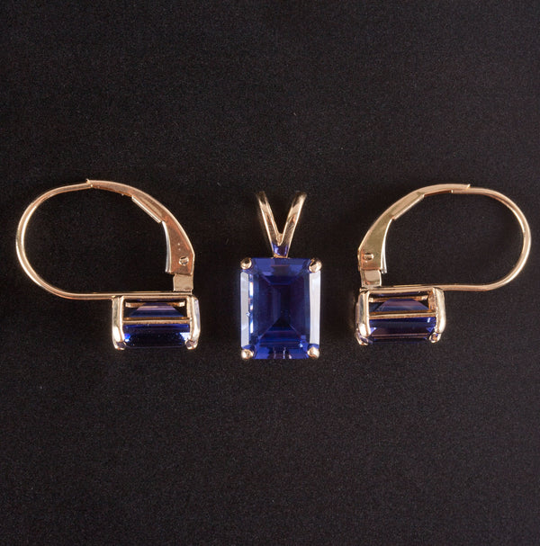 14k Yellow Gold Emerald Shaped Tanzanite Earring Pendant Set 3.75ctw 2.57g