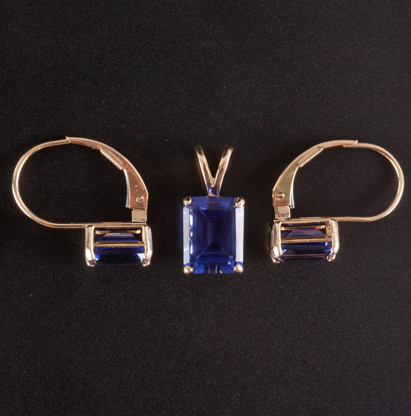 14k Yellow Gold Emerald Shaped Tanzanite Earring Pendant Set 3.75ctw 2.57g