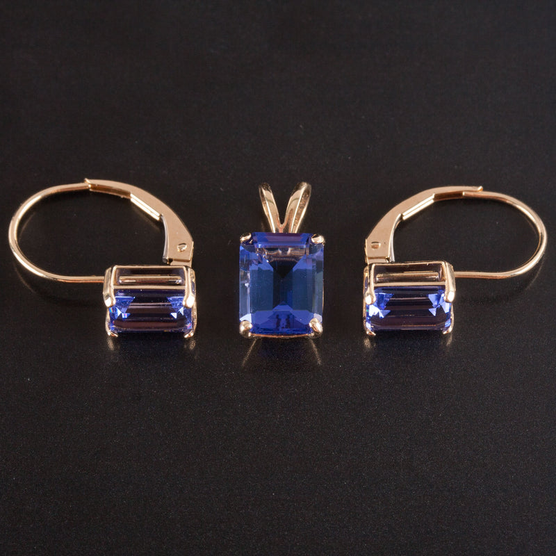 14k Yellow Gold Emerald Shaped Tanzanite Earring Pendant Set 3.75ctw 2.57g