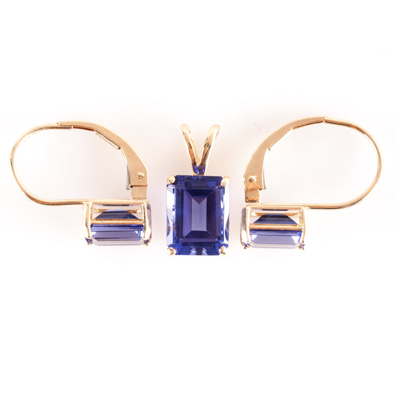 14k Yellow Gold Emerald Shaped Tanzanite Earring Pendant Set 3.75ctw 2.57g