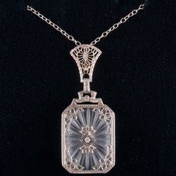 Vintage 1920's 14k White Gold Round Diamond Carved Crystal Necklace .01ct 4.0g