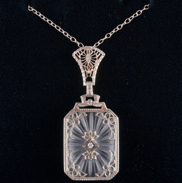 Vintage 1920's 14k White Gold Round Diamond Carved Crystal Necklace .01ct 4.0g