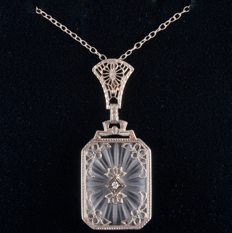 Vintage 1920's 14k White Gold Round Diamond Carved Crystal Necklace .01ct 4.0g