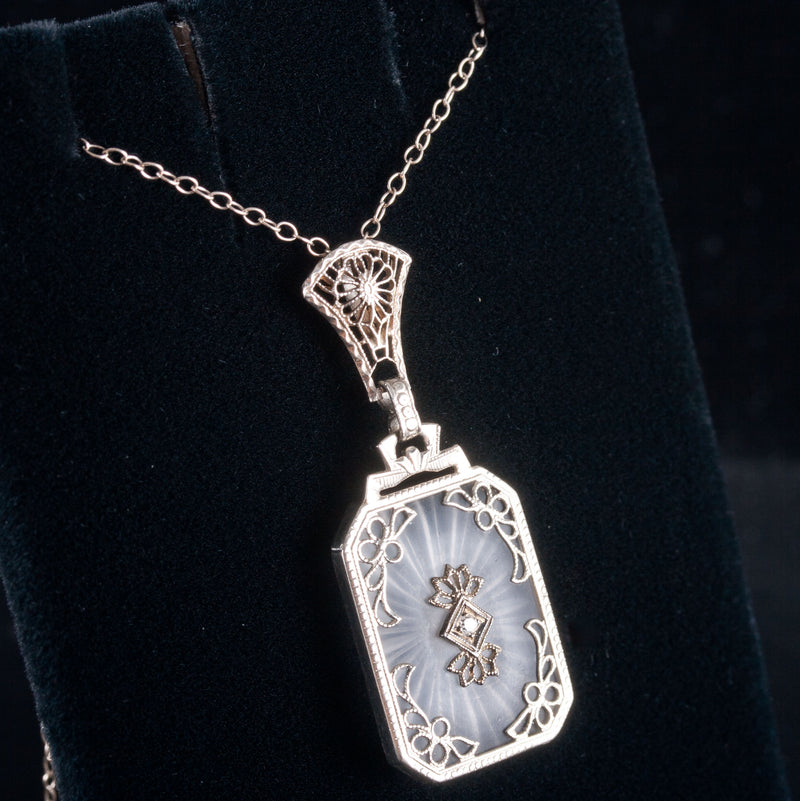 Vintage 1920's 14k White Gold Round Diamond Carved Crystal Necklace .01ct 4.0g