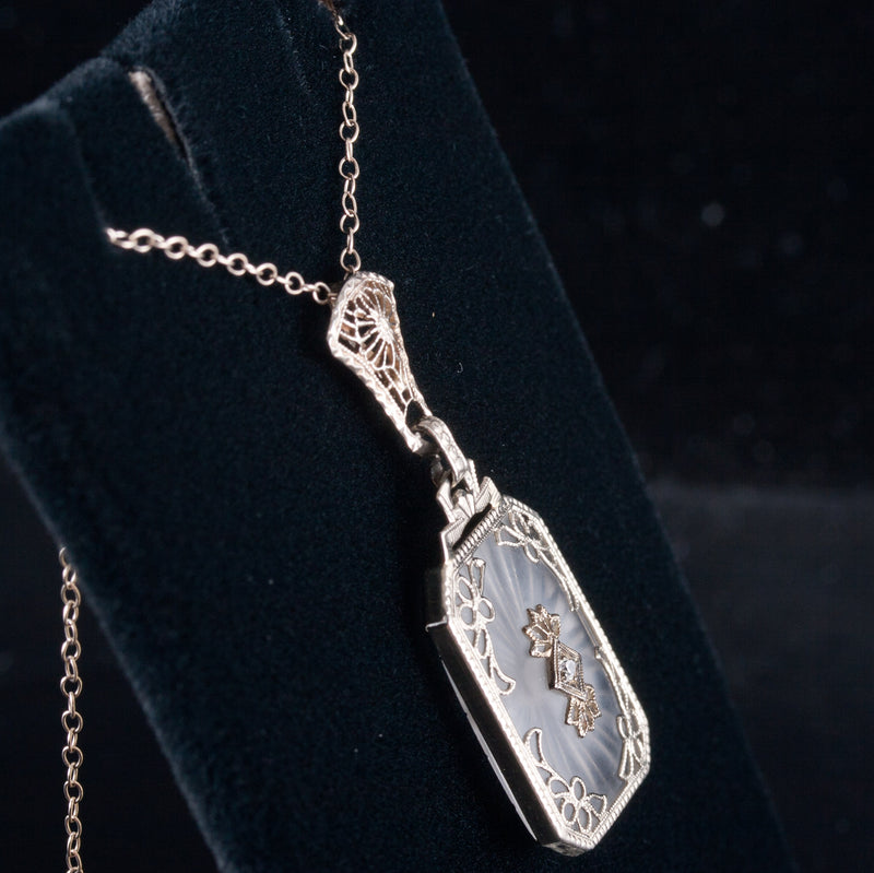 Vintage 1920's 14k White Gold Round Diamond Carved Crystal Necklace .01ct 4.0g