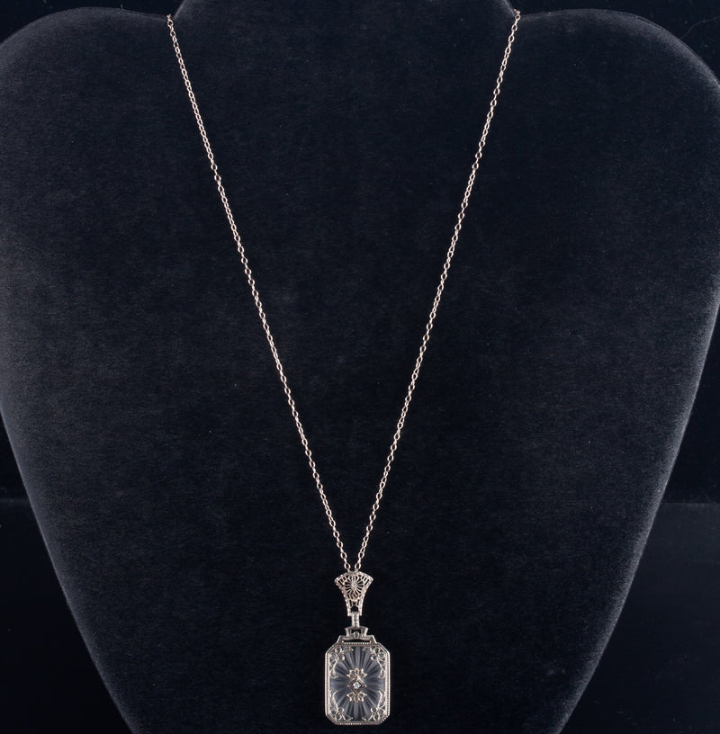 Vintage 1920's 14k White Gold Round Diamond Carved Crystal Necklace .01ct 4.0g