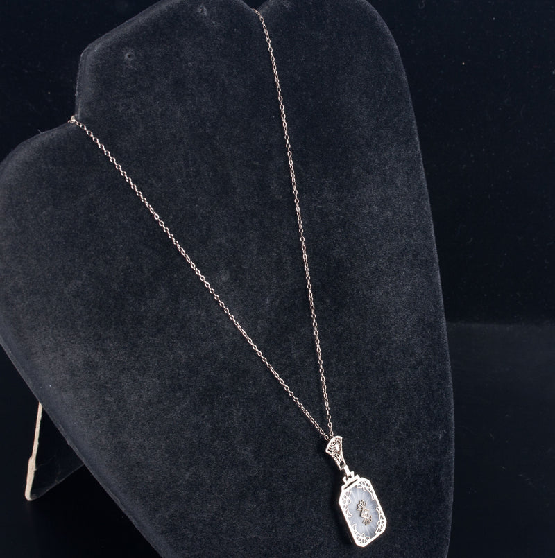 Vintage 1920's 14k White Gold Round Diamond Carved Crystal Necklace .01ct 4.0g