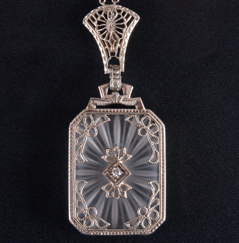 Vintage 1920's 14k White Gold Round Diamond Carved Crystal Necklace .01ct 4.0g