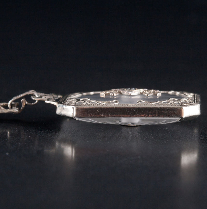 Vintage 1920's 14k White Gold Round Diamond Carved Crystal Necklace .01ct 4.0g
