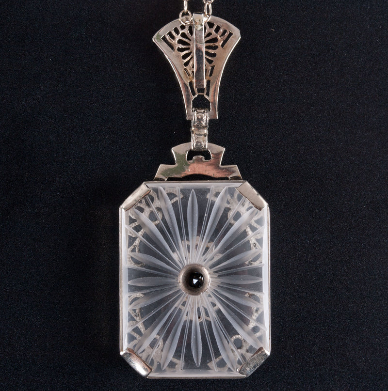 Vintage 1920's 14k White Gold Round Diamond Carved Crystal Necklace .01ct 4.0g