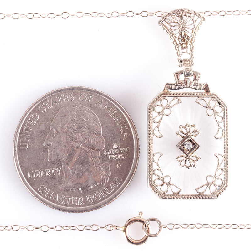 Vintage 1920's 14k White Gold Round Diamond Carved Crystal Necklace .01ct 4.0g