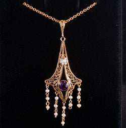 14k / 10k Yellow Rose Gold Amethyst Seed Pearl Necklace W/ 16" Chain .31ct 3.33g