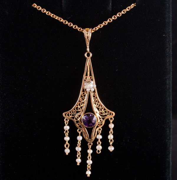 14k / 10k Yellow Rose Gold Amethyst Seed Pearl Necklace W/ 16" Chain .31ct 3.33g