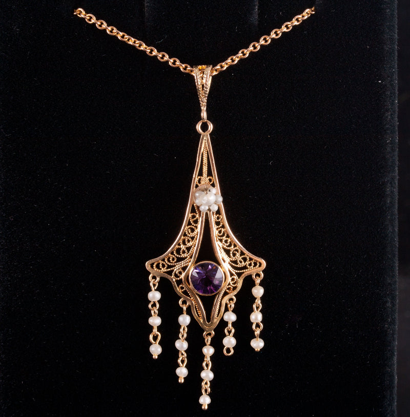 14k / 10k Yellow Rose Gold Amethyst Seed Pearl Necklace W/ 16" Chain .31ct 3.33g