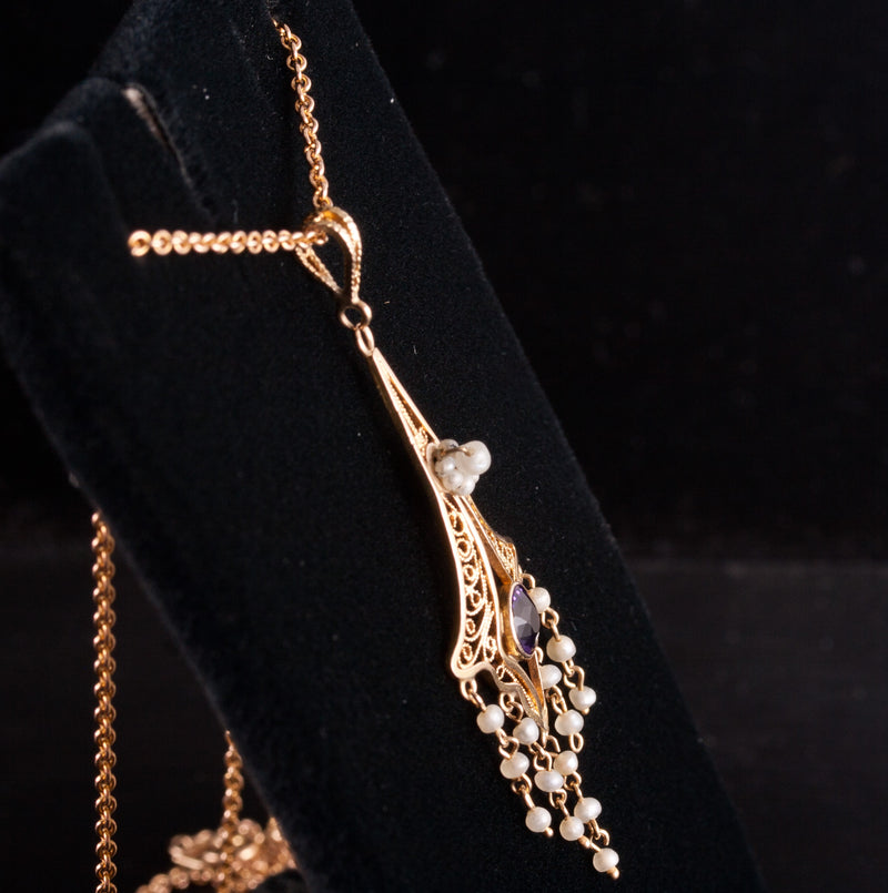 14k / 10k Yellow Rose Gold Amethyst Seed Pearl Necklace W/ 16" Chain .31ct 3.33g