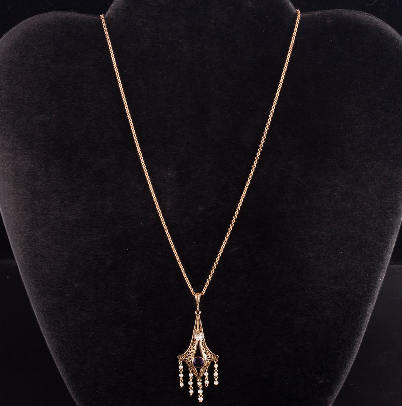 14k / 10k Yellow Rose Gold Amethyst Seed Pearl Necklace W/ 16" Chain .31ct 3.33g