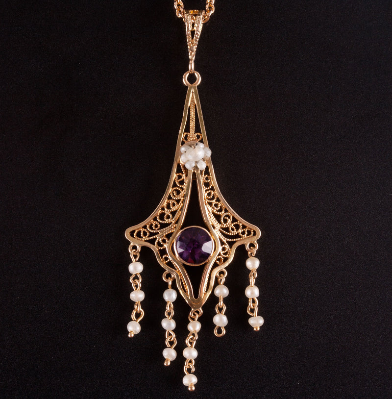 14k / 10k Yellow Rose Gold Amethyst Seed Pearl Necklace W/ 16" Chain .31ct 3.33g