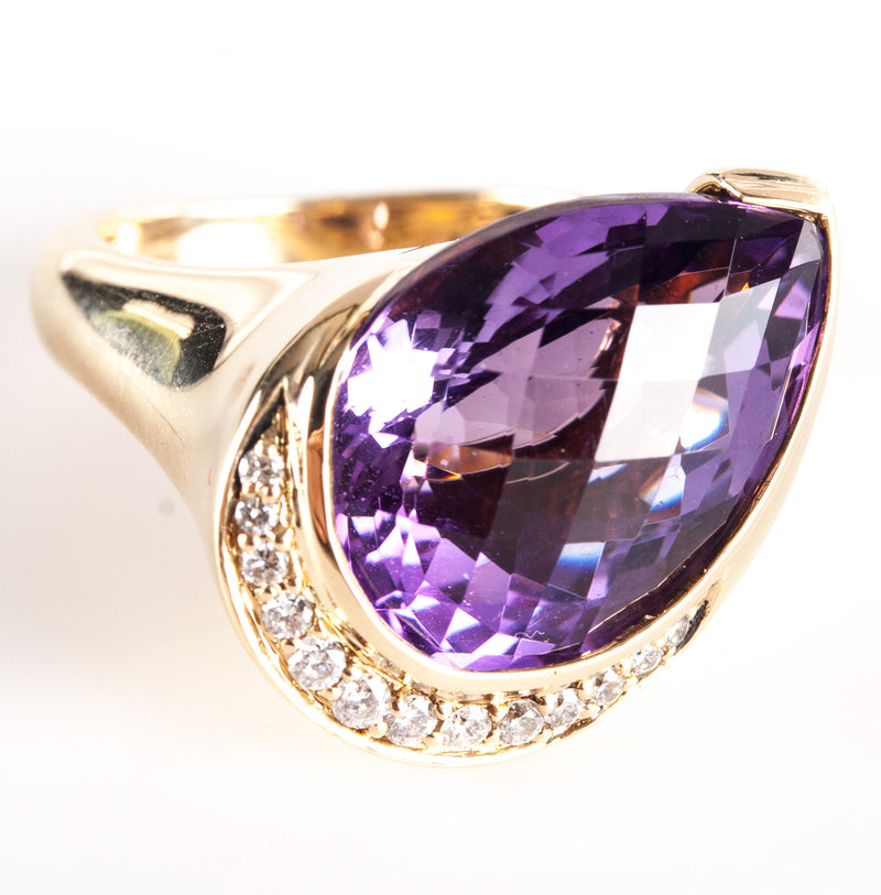 14k Yellow Gold Pear Amethyst Solitaire Ring W/ Diamond Accents 8.04ctw 10.6g