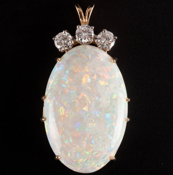 14k Yellow White Gold Oval Cabochon Opal Round Diamond Pendant 20.48ctw 7.52g