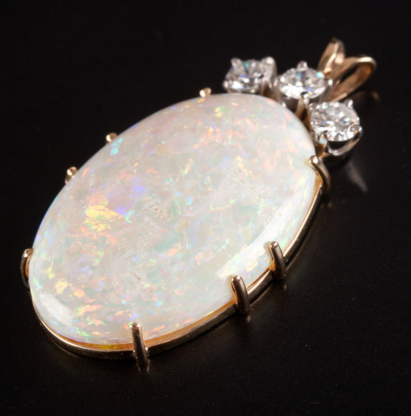14k Yellow White Gold Oval Cabochon Opal Round Diamond Pendant 20.48ctw 7.52g