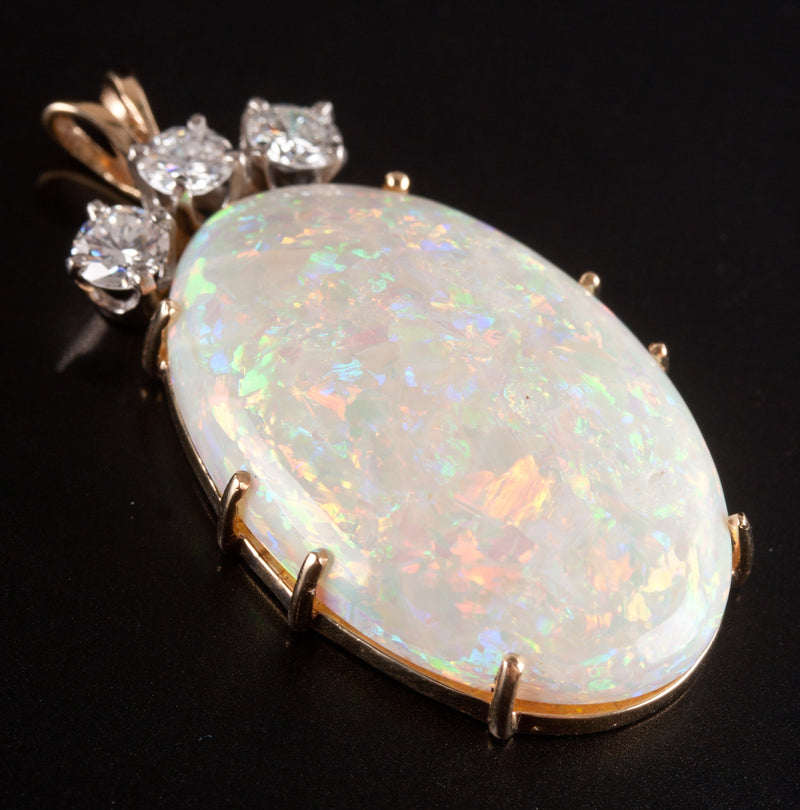 14k Yellow White Gold Oval Cabochon Opal Round Diamond Pendant 20.48ctw 7.52g