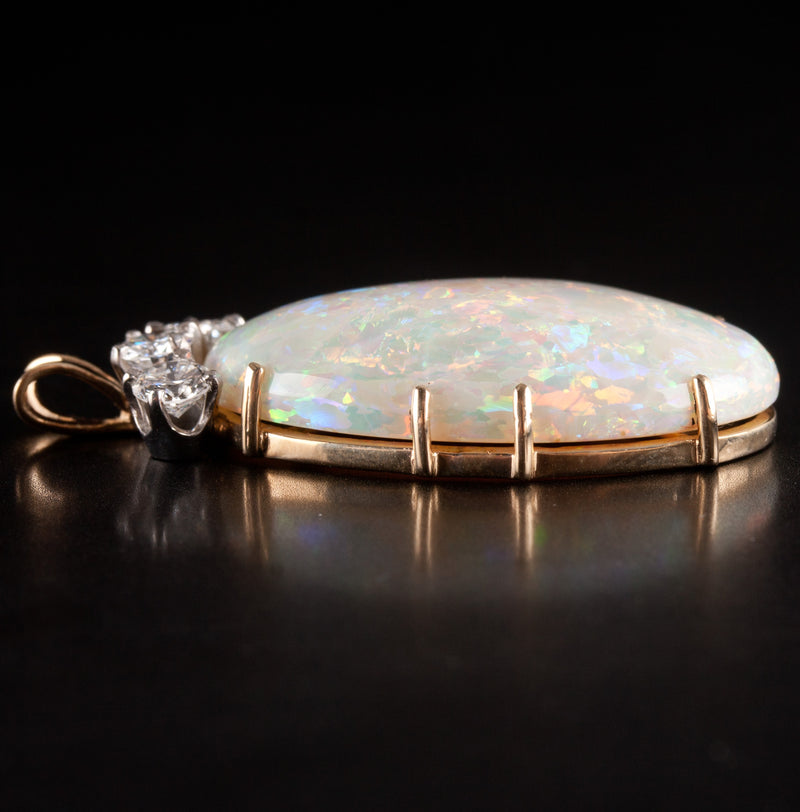 14k Yellow White Gold Oval Cabochon Opal Round Diamond Pendant 20.48ctw 7.52g